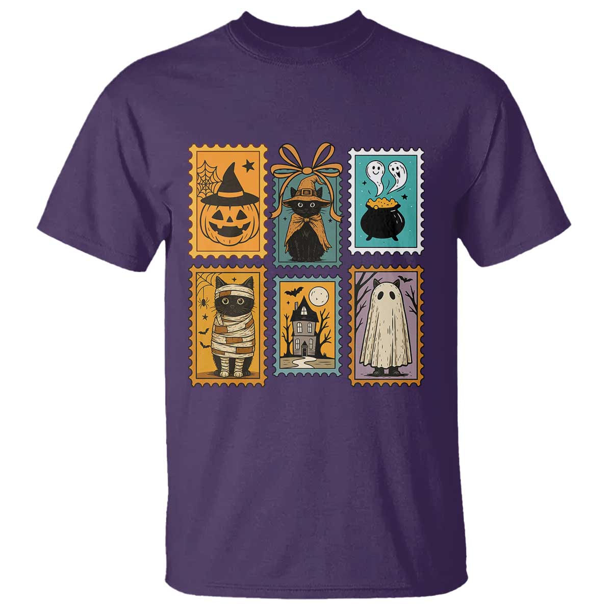 Black Cat Pumpkin T Shirt Retro Halloween Ghots Cat Stamp TS10 Purple Print Your Wear