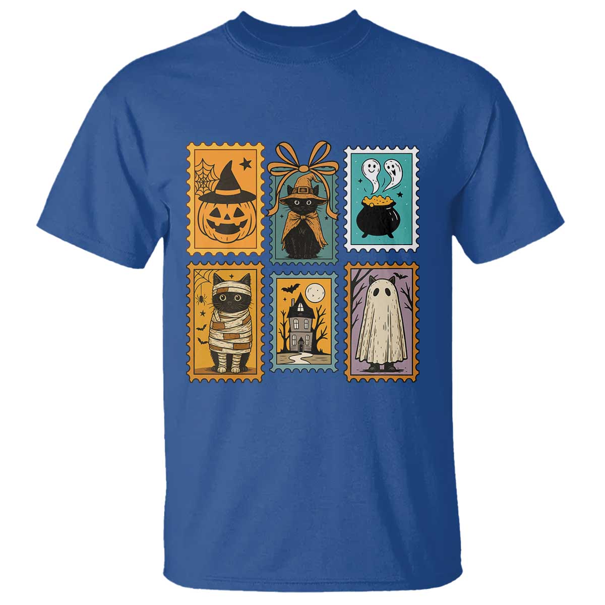 Black Cat Pumpkin T Shirt Retro Halloween Ghots Cat Stamp TS10 Royal Blue Print Your Wear