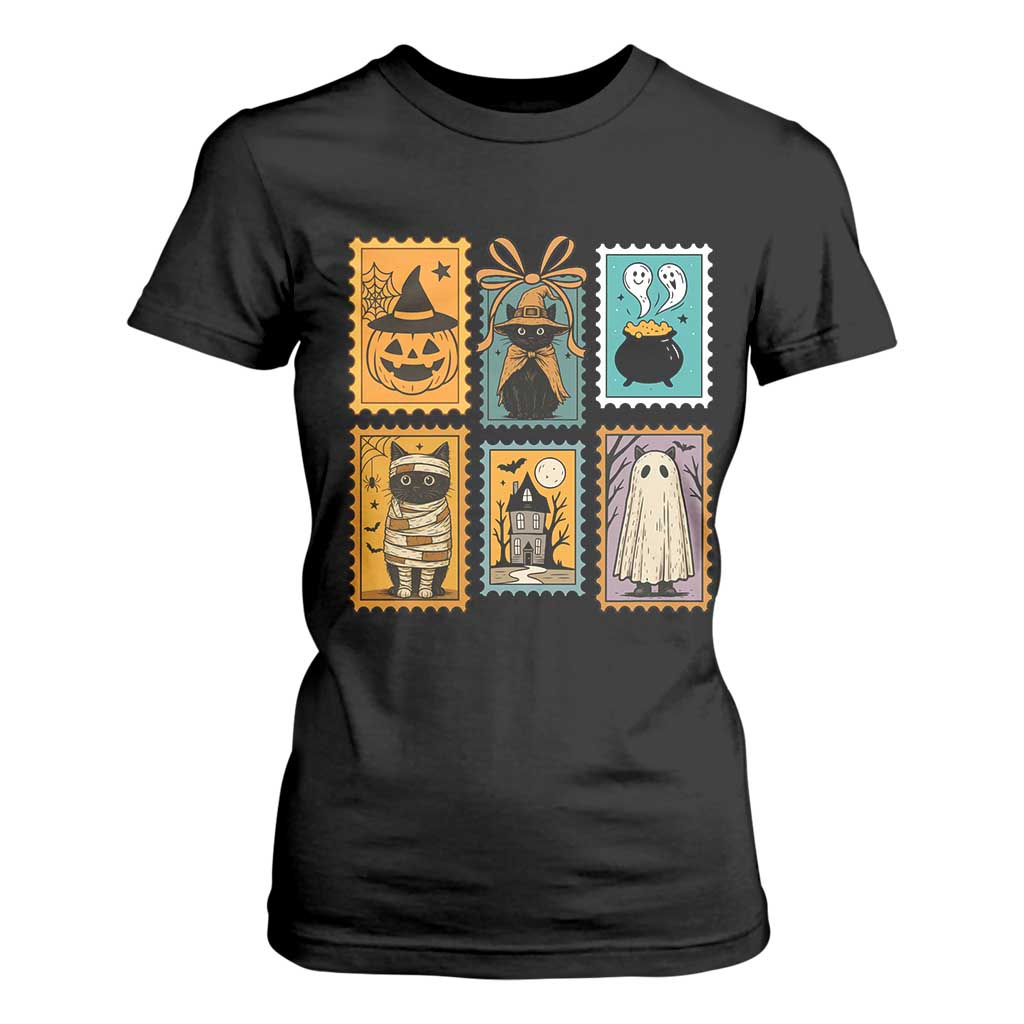 Black Cat Pumpkin T Shirt For Women Retro Halloween Ghots Cat Stamp TS10 Black Print Your Wear