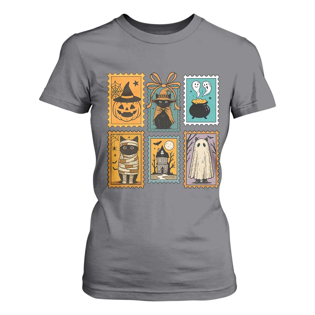 Black Cat Pumpkin T Shirt For Women Retro Halloween Ghots Cat Stamp TS10 Charcoal Print Your Wear