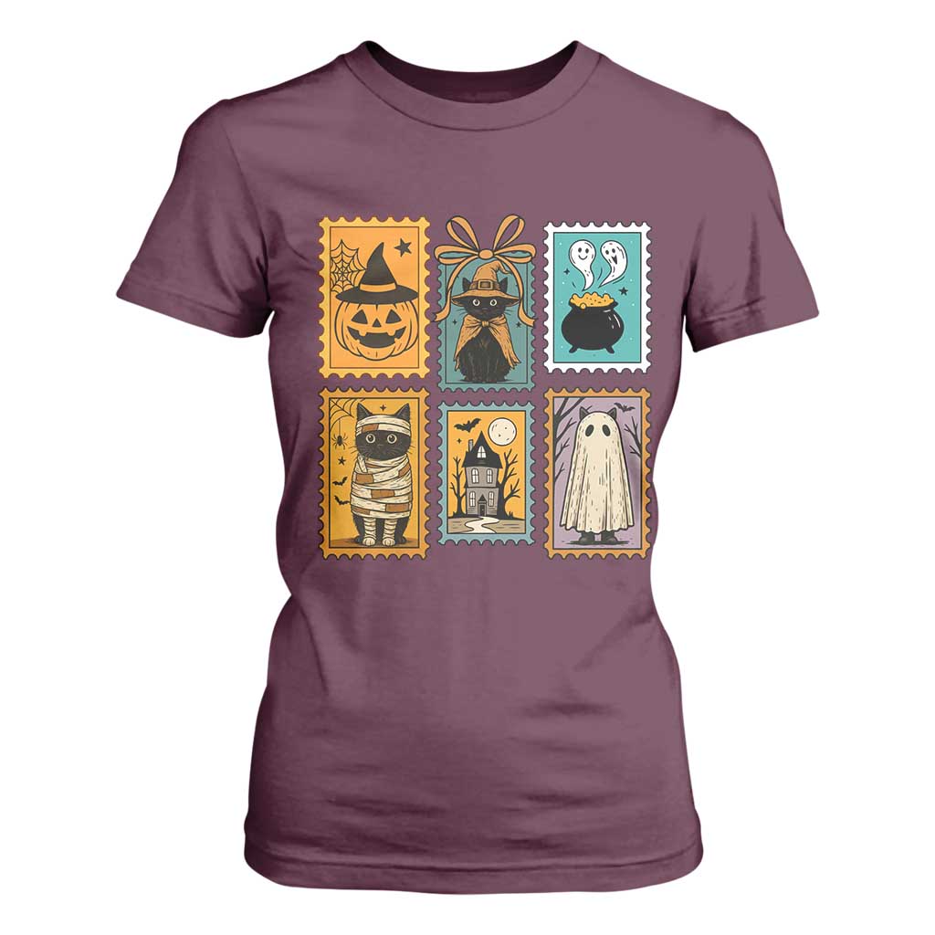 Black Cat Pumpkin T Shirt For Women Retro Halloween Ghots Cat Stamp TS10 Maroon Print Your Wear