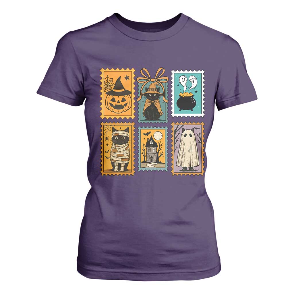 Black Cat Pumpkin T Shirt For Women Retro Halloween Ghots Cat Stamp TS10 Purple Print Your Wear