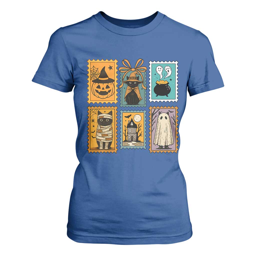 Black Cat Pumpkin T Shirt For Women Retro Halloween Ghots Cat Stamp TS10 Royal Blue Print Your Wear