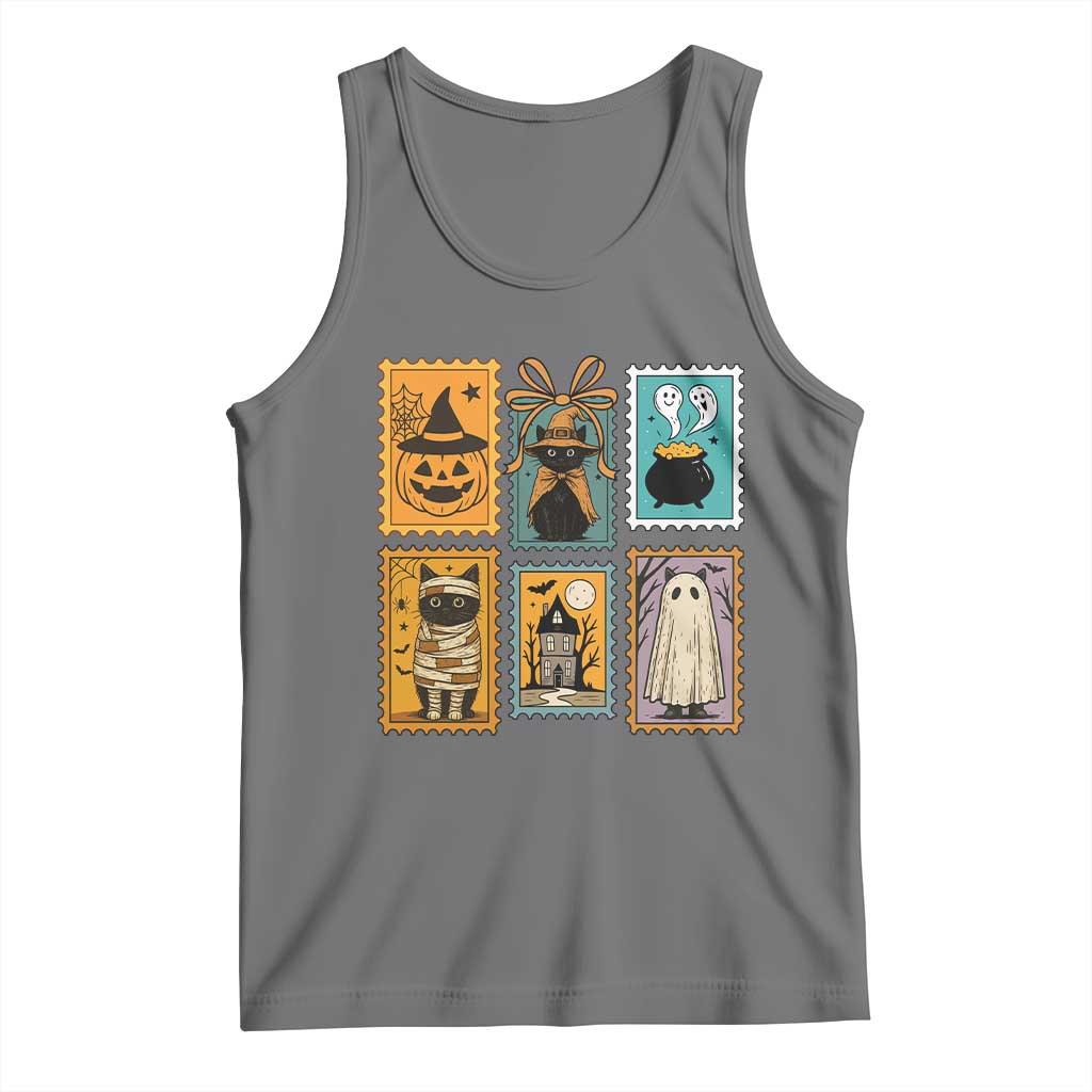 Black Cat Pumpkin Tank Top Retro Halloween Ghots Cat Stamp TS10 Black Heather Print Your Wear