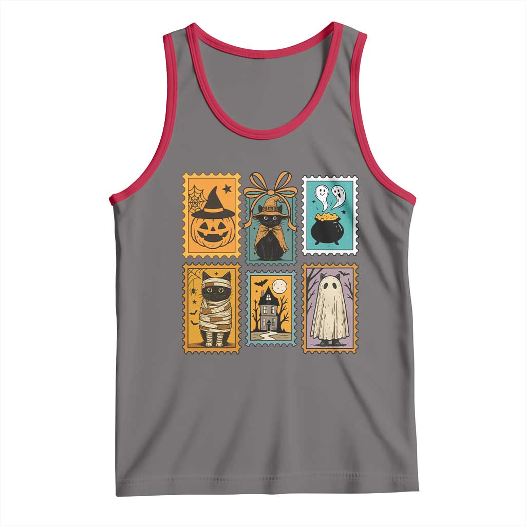 Black Cat Pumpkin Tank Top Retro Halloween Ghots Cat Stamp TS10 Deep Heather Red Print Your Wear