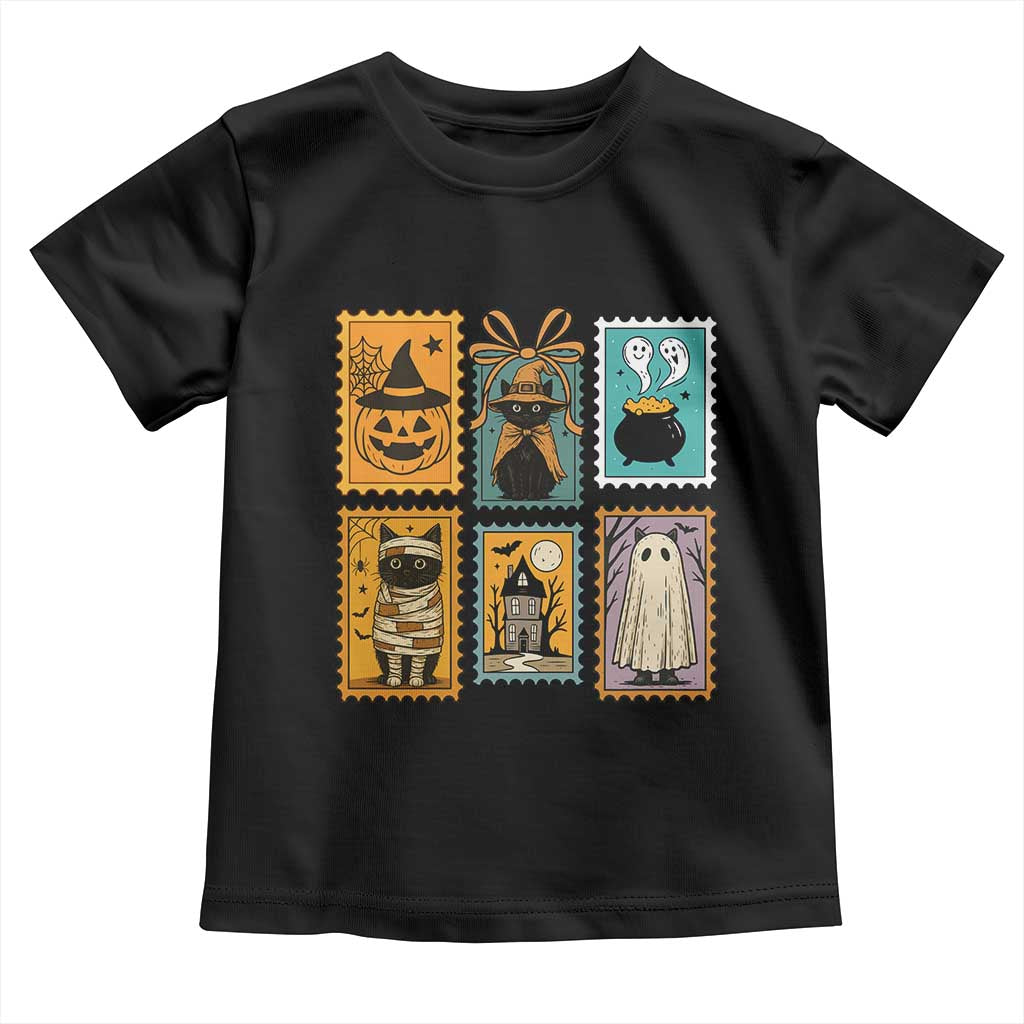 Black Cat Pumpkin Toddler T Shirt Retro Halloween Ghots Cat Stamp TS10 Black Print Your Wear