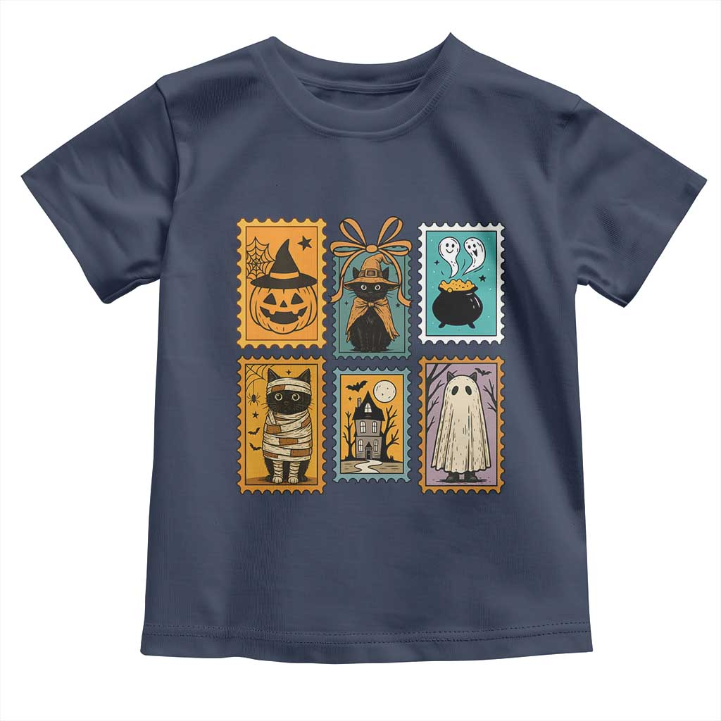 Black Cat Pumpkin Toddler T Shirt Retro Halloween Ghots Cat Stamp TS10 Navy Print Your Wear