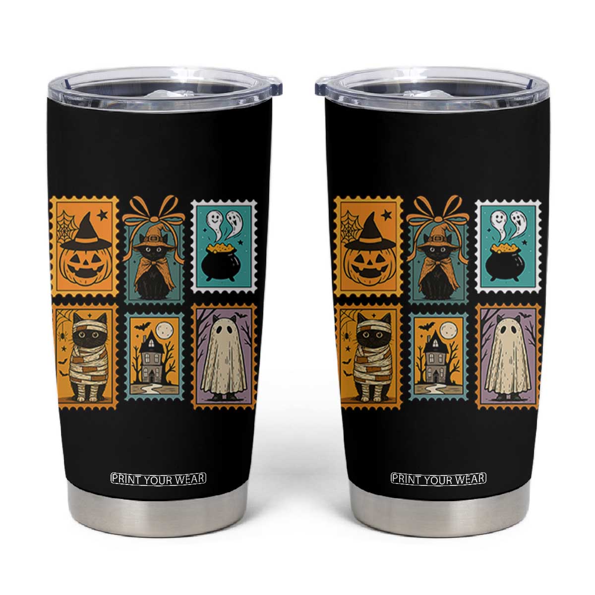 Black Cat Pumpkin Tumbler Cup Retro Halloween Ghots Cat Stamp TS10 Black Print Your Wear