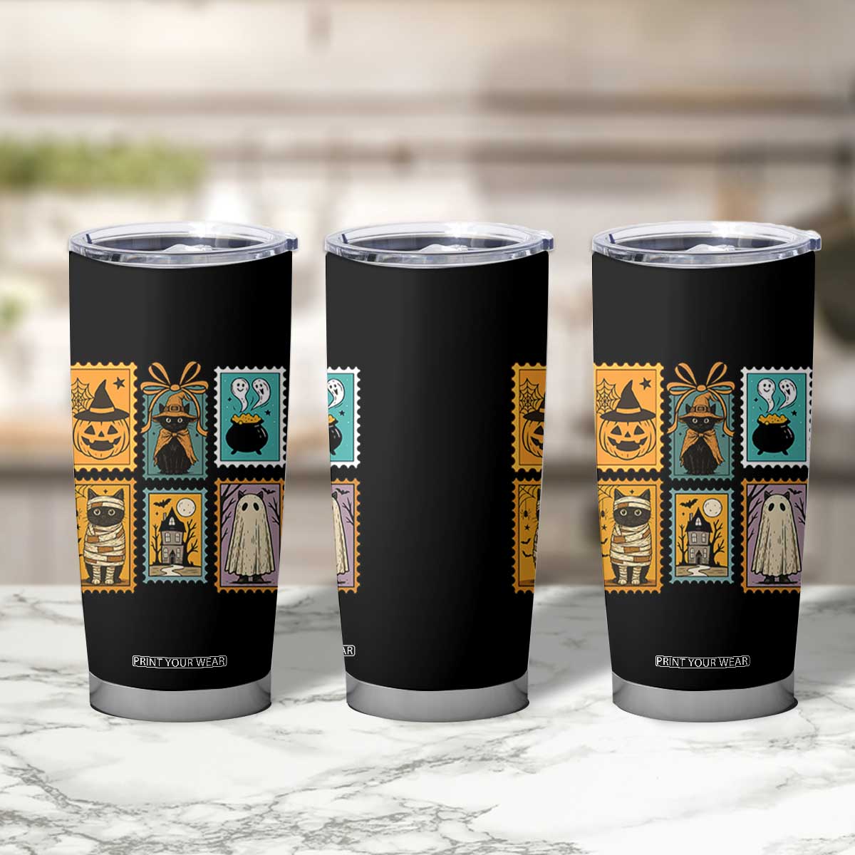 Black Cat Pumpkin Tumbler Cup Retro Halloween Ghots Cat Stamp TS10 Print Your Wear