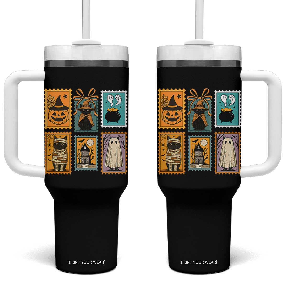 Black Cat Pumpkin Tumbler With Handle Retro Halloween Ghots Cat Stamp TS10 One Size: 40 oz Black Print Your Wear