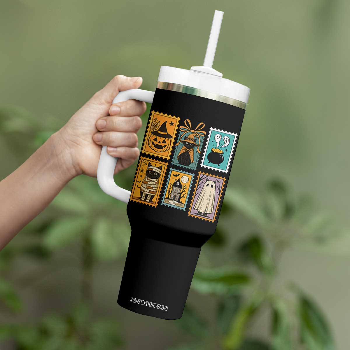Black Cat Pumpkin Tumbler With Handle Retro Halloween Ghots Cat Stamp TS10 Print Your Wear