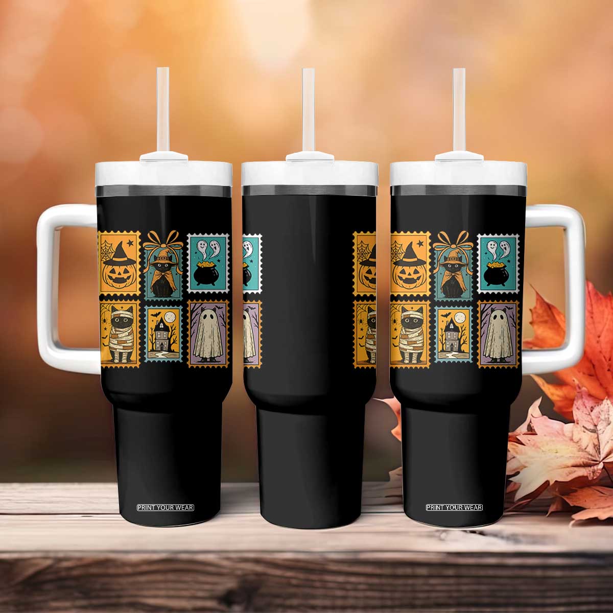 Black Cat Pumpkin Tumbler With Handle Retro Halloween Ghots Cat Stamp TS10 Print Your Wear