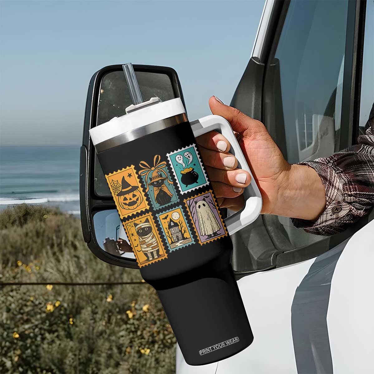 Black Cat Pumpkin Tumbler With Handle Retro Halloween Ghots Cat Stamp TS10 Print Your Wear