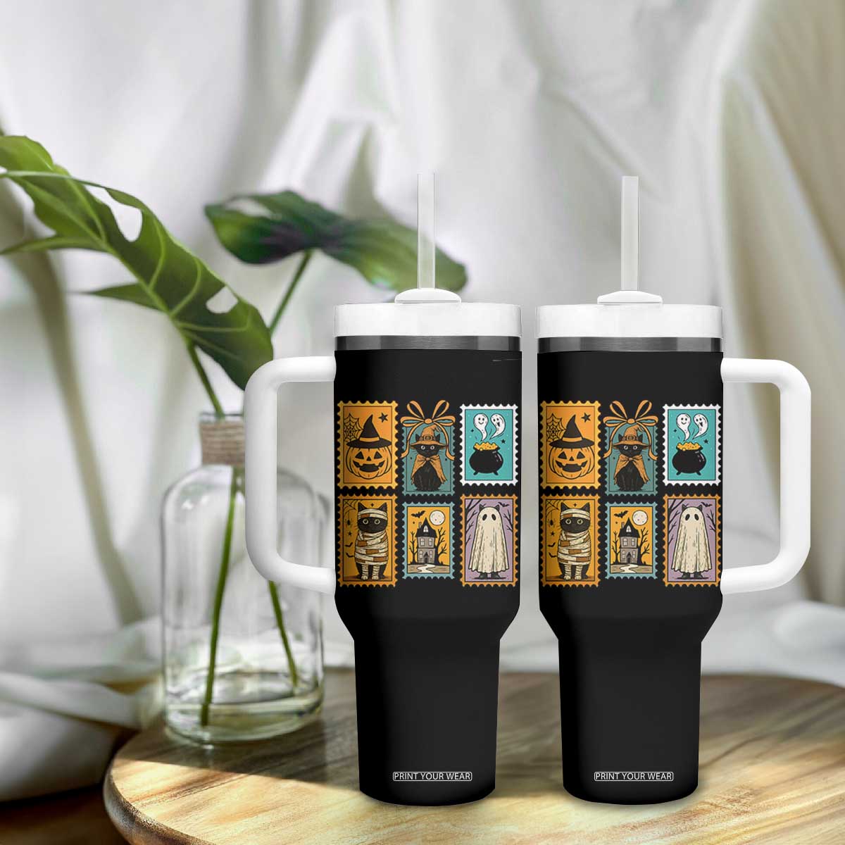 Black Cat Pumpkin Tumbler With Handle Retro Halloween Ghots Cat Stamp TS10 Print Your Wear