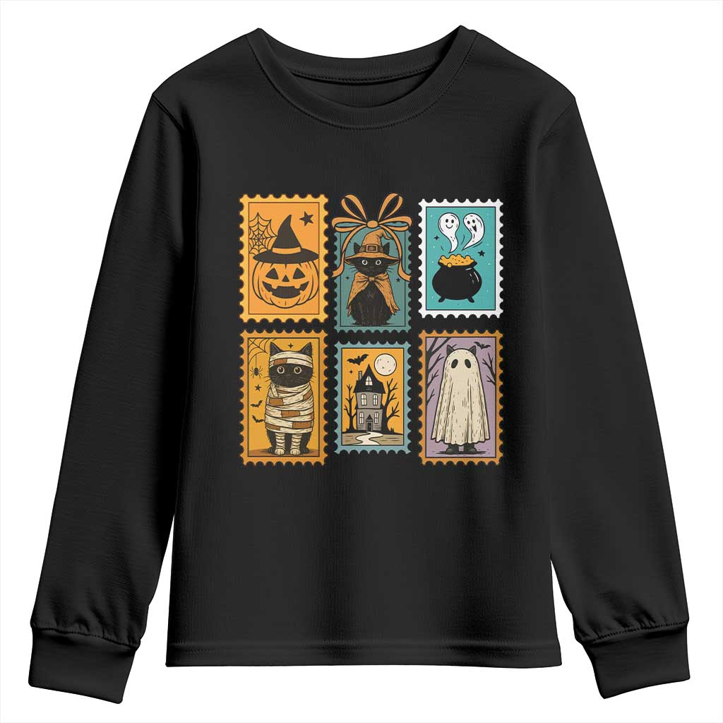 Black Cat Pumpkin Youth Sweatshirt Retro Halloween Ghots Cat Stamp TS10 Black Print Your Wear