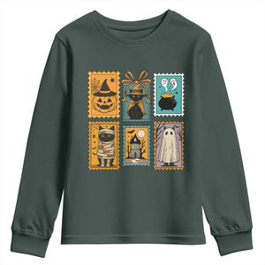 Black Cat Pumpkin Youth Sweatshirt Retro Halloween Ghots Cat Stamp TS10 Dark Forest Green Print Your Wear