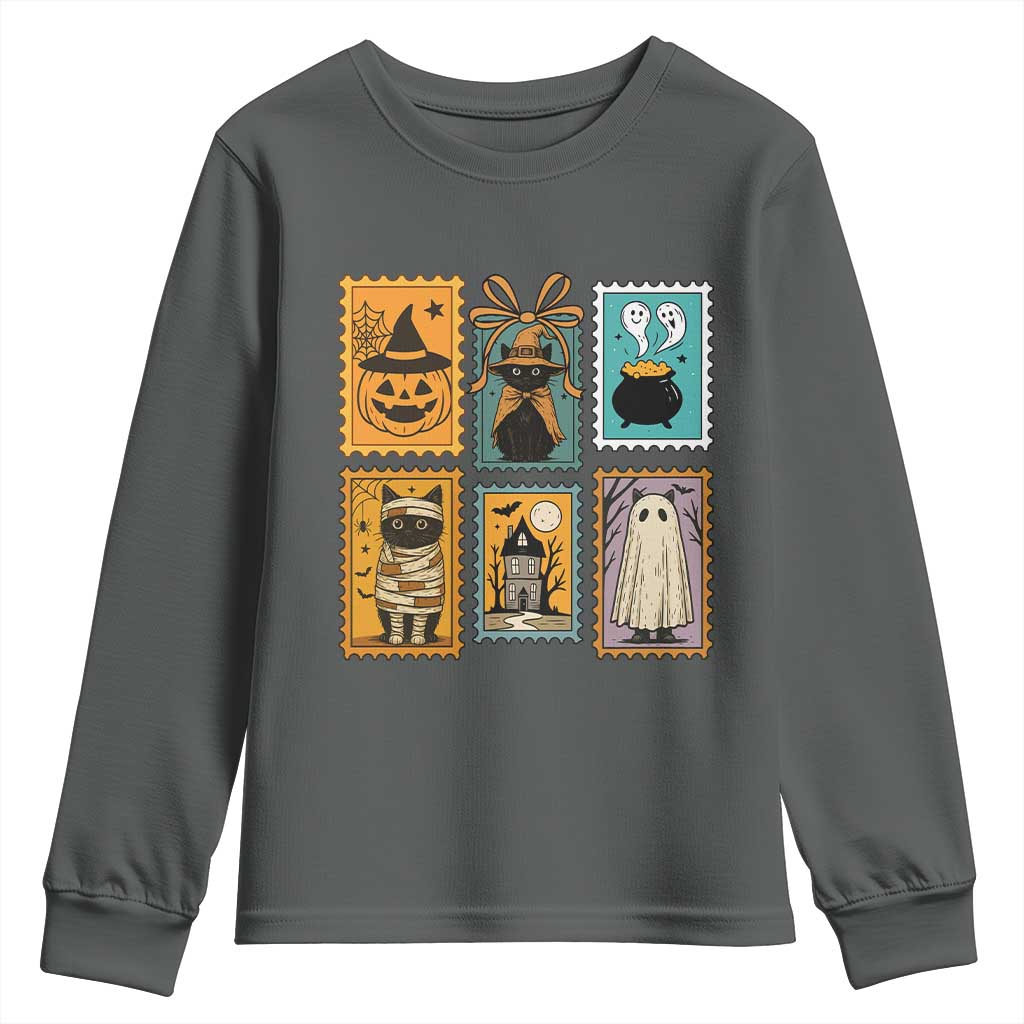 Black Cat Pumpkin Youth Sweatshirt Retro Halloween Ghots Cat Stamp TS10 Dark Heather Print Your Wear