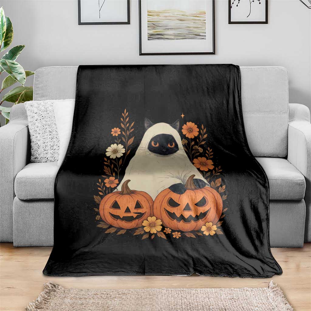 Vintage Halloween Ghost Cat Throw Blanket Groovy Floral Cute Black Cat Ghost Fall Pumpkin TS10 Print Your Wear