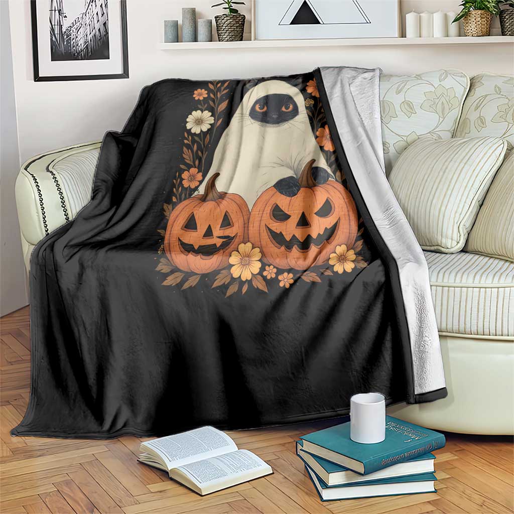 Vintage Halloween Ghost Cat Throw Blanket Groovy Floral Cute Black Cat Ghost Fall Pumpkin TS10 Print Your Wear