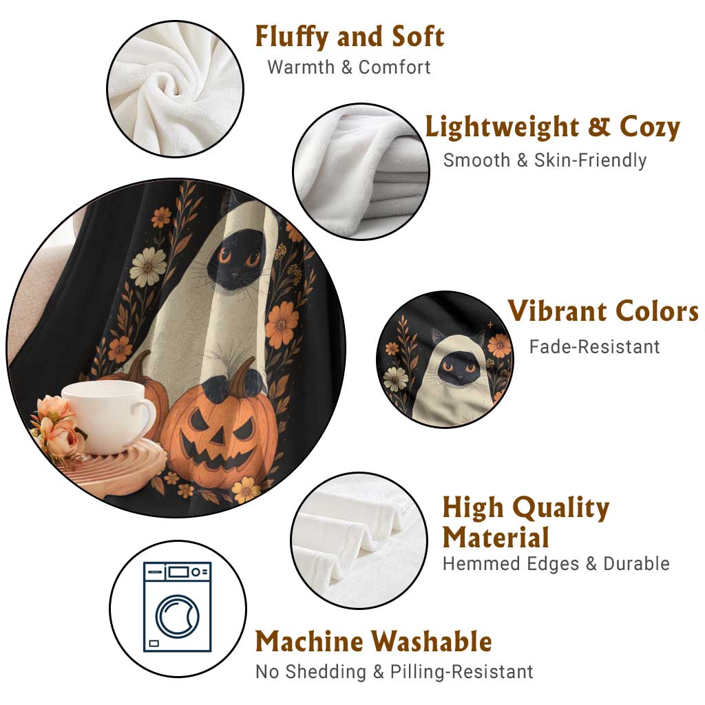 Vintage Halloween Ghost Cat Throw Blanket Groovy Floral Cute Black Cat Ghost Fall Pumpkin TS10 Print Your Wear