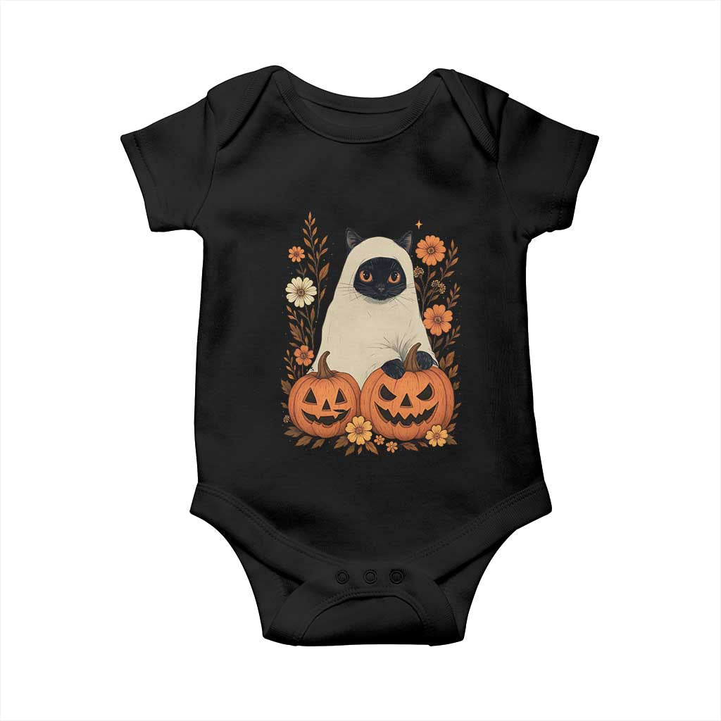 Vintage Halloween Ghost Cat Baby Onesie Groovy Floral Cute Black Cat Ghost Fall Pumpkin TS10 Black Print Your Wear