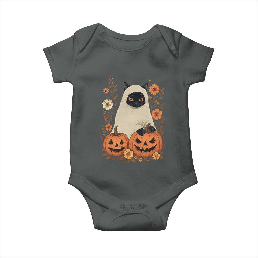 Vintage Halloween Ghost Cat Baby Onesie Groovy Floral Cute Black Cat Ghost Fall Pumpkin TS10 Dark Heather Print Your Wear