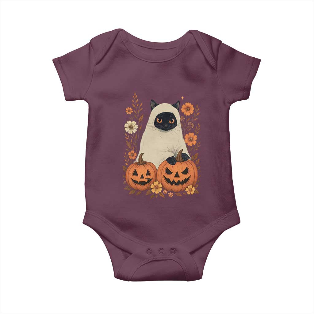 Vintage Halloween Ghost Cat Baby Onesie Groovy Floral Cute Black Cat Ghost Fall Pumpkin TS10 Maroon Print Your Wear