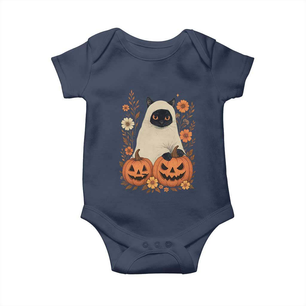 Vintage Halloween Ghost Cat Baby Onesie Groovy Floral Cute Black Cat Ghost Fall Pumpkin TS10 Navy Print Your Wear