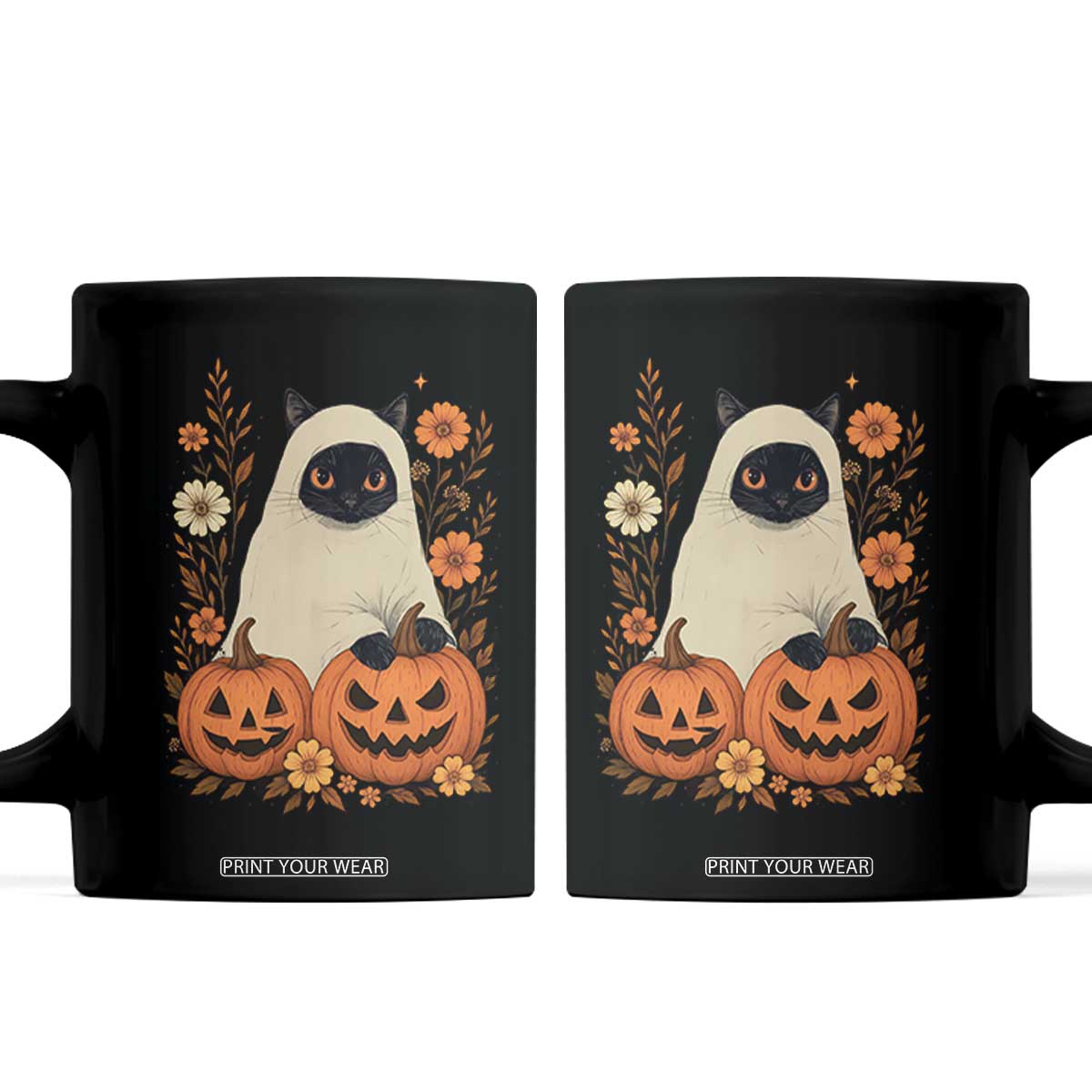Vintage Halloween Ghost Cat Coffee Mug Groovy Floral Cute Black Cat Ghost Fall Pumpkin TS10 Black Print Your Wear