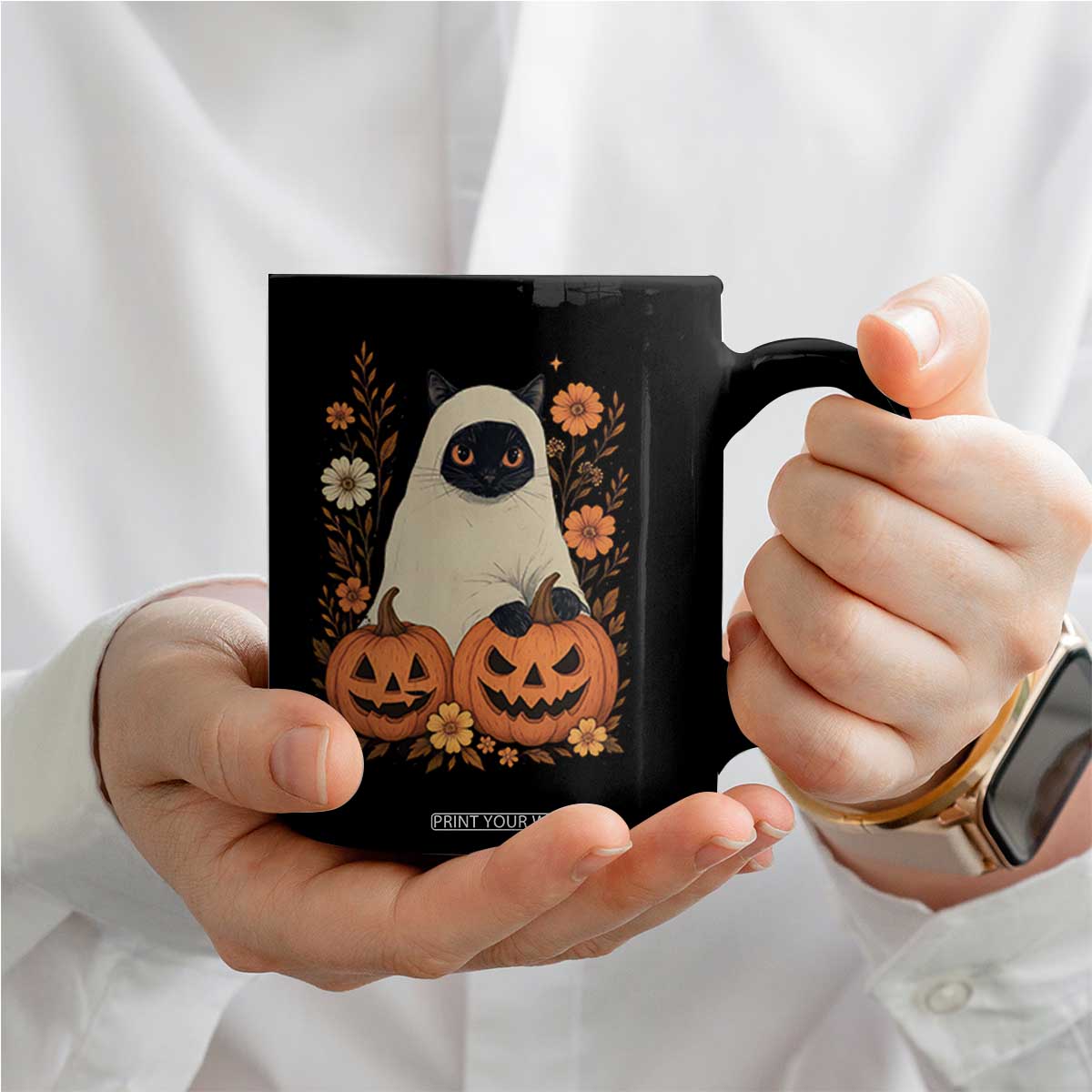 Vintage Halloween Ghost Cat Coffee Mug Groovy Floral Cute Black Cat Ghost Fall Pumpkin TS10 Print Your Wear