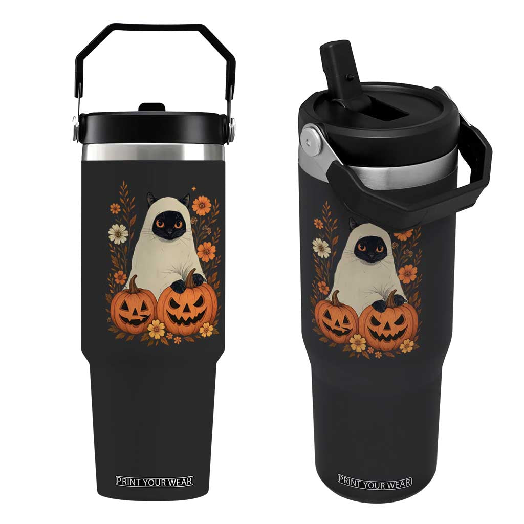 Vintage Halloween Ghost Cat Flip Straw Tumbler Groovy Floral Cute Black Cat Ghost Fall Pumpkin TS10 One Size: 30 oz Black Print Your Wear