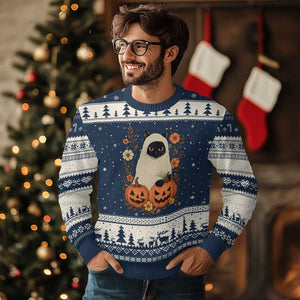 Vintage Halloween Ghost Cat Ugly Christmas Sweater Groovy Floral Cute Black Cat Ghost Fall Pumpkin TS10 Navy Beige Print Your Wear