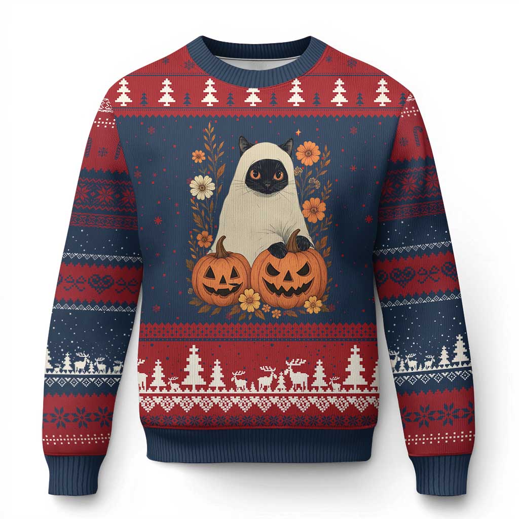 Vintage Halloween Ghost Cat Ugly Christmas Sweater Groovy Floral Cute Black Cat Ghost Fall Pumpkin TS10 Navy Red Print Your Wear