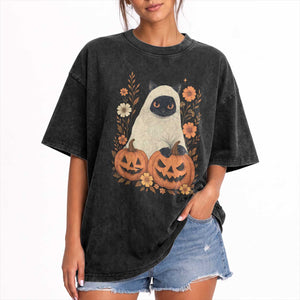 Vintage Halloween Ghost Cat Washed Cotton T-Shirt Groovy Floral Cute Black Cat Ghost Fall Pumpkin