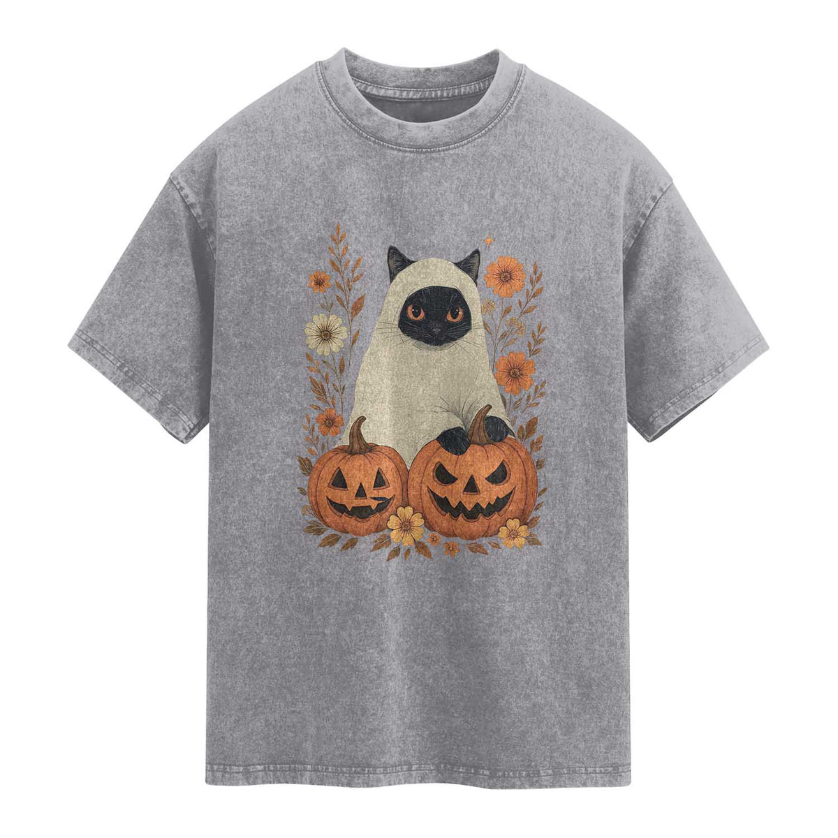 Vintage Halloween Ghost Cat Washed Cotton T-Shirt Groovy Floral Cute Black Cat Ghost Fall Pumpkin