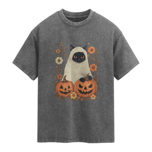 Vintage Halloween Ghost Cat Washed Cotton T-Shirt Groovy Floral Cute Black Cat Ghost Fall Pumpkin