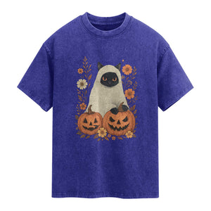 Vintage Halloween Ghost Cat Washed Cotton T-Shirt Groovy Floral Cute Black Cat Ghost Fall Pumpkin