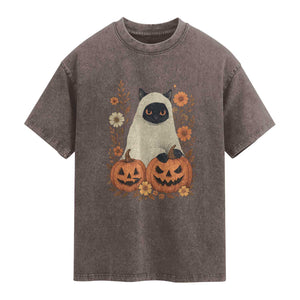 Vintage Halloween Ghost Cat Washed Cotton T-Shirt Groovy Floral Cute Black Cat Ghost Fall Pumpkin
