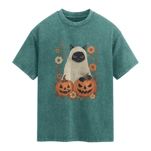 Vintage Halloween Ghost Cat Washed Cotton T-Shirt Groovy Floral Cute Black Cat Ghost Fall Pumpkin