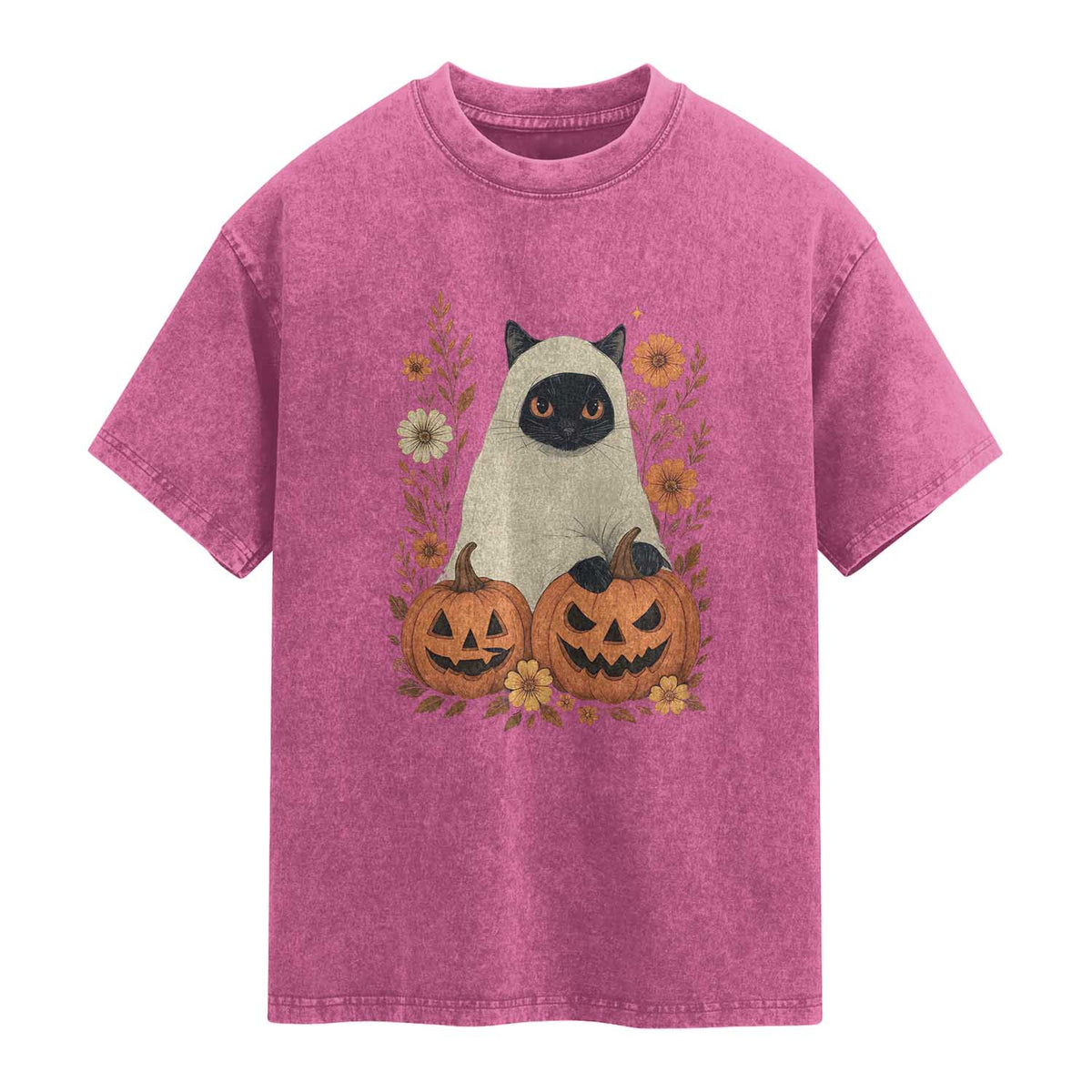 Vintage Halloween Ghost Cat Washed Cotton T-Shirt Groovy Floral Cute Black Cat Ghost Fall Pumpkin
