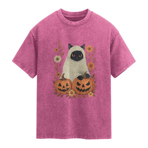 Vintage Halloween Ghost Cat Washed Cotton T-Shirt Groovy Floral Cute Black Cat Ghost Fall Pumpkin