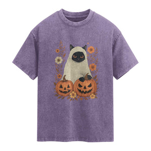 Vintage Halloween Ghost Cat Washed Cotton T-Shirt Groovy Floral Cute Black Cat Ghost Fall Pumpkin