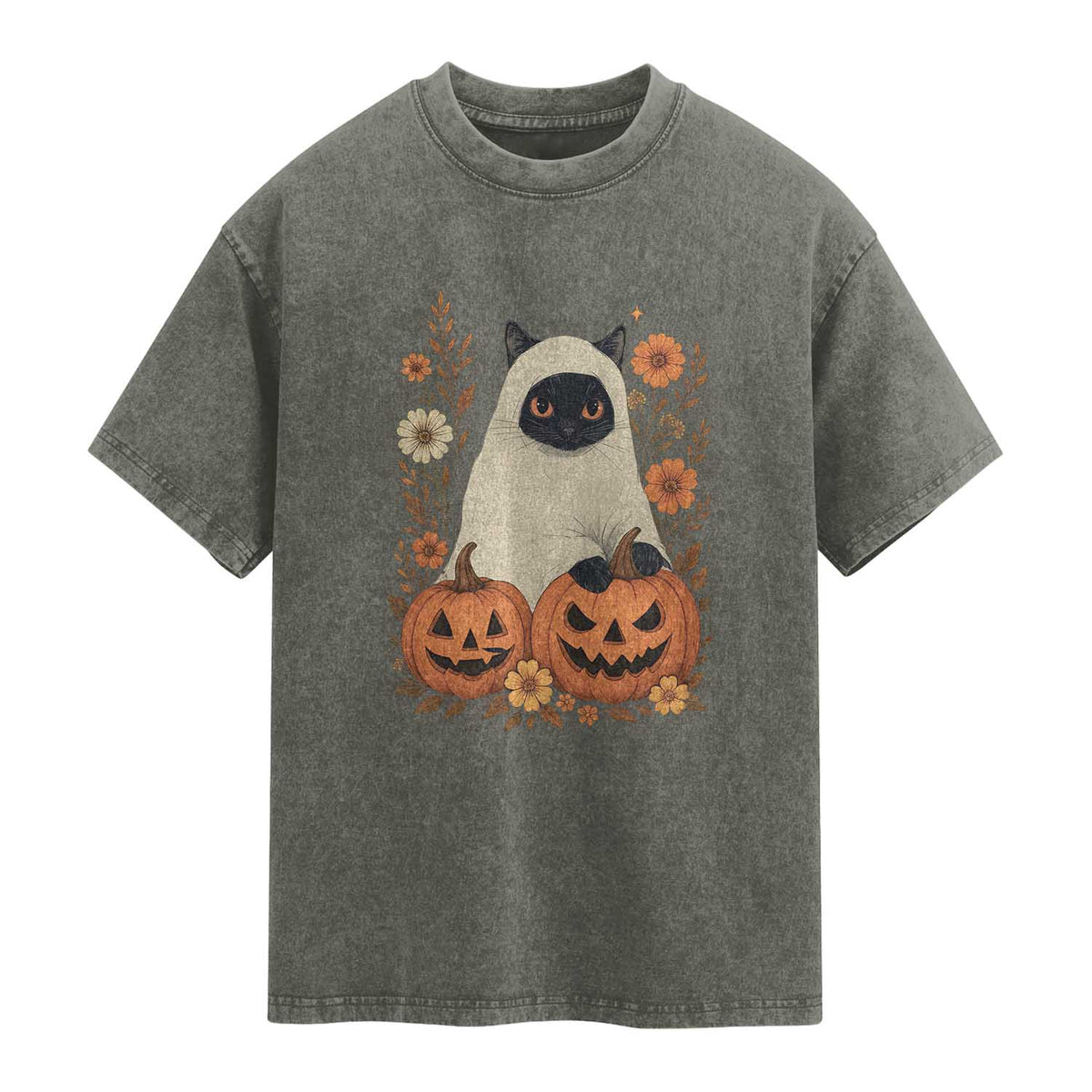 Vintage Halloween Ghost Cat Washed Cotton T-Shirt Groovy Floral Cute Black Cat Ghost Fall Pumpkin