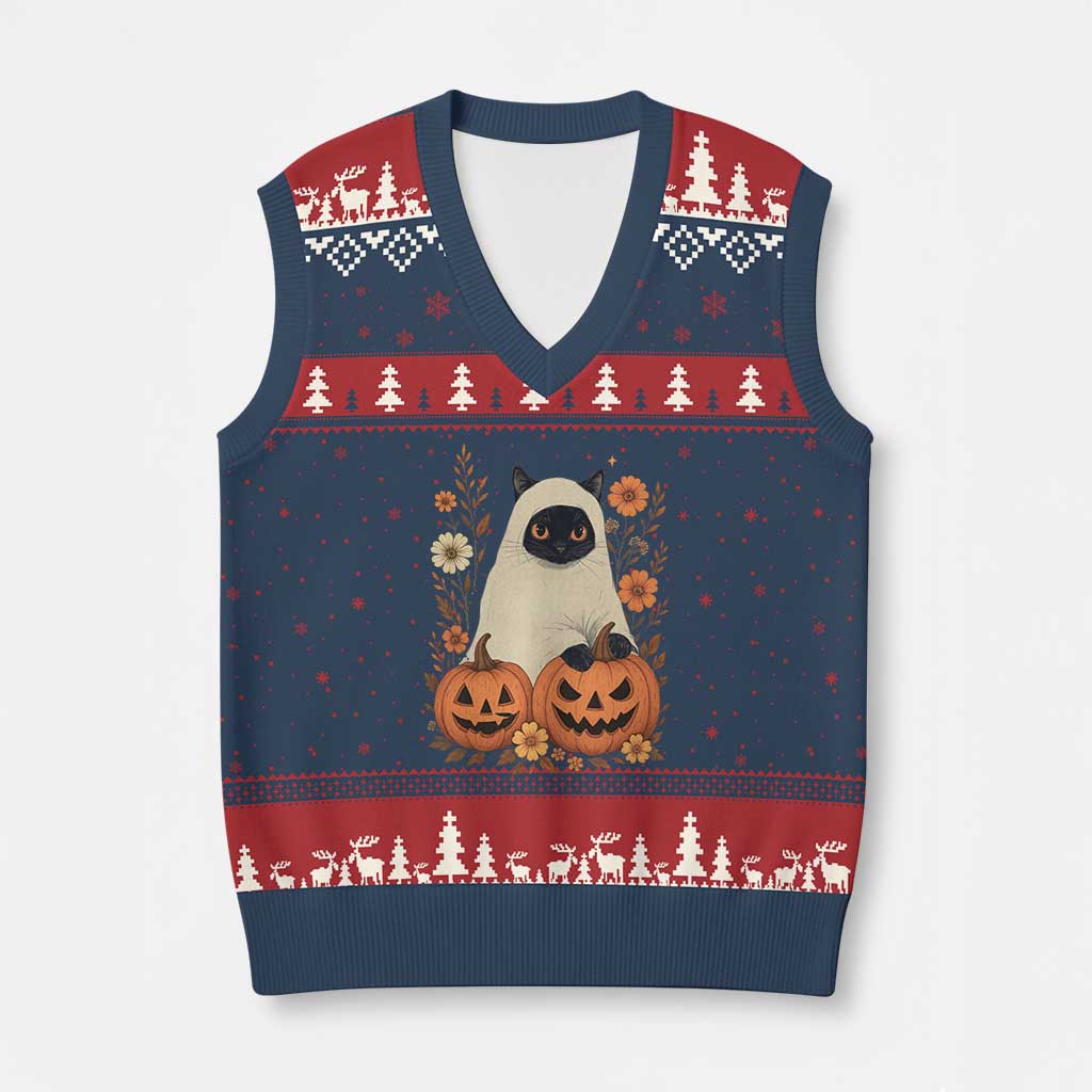 Vintage Halloween Ghost Cat V-Neck Knit Sweater Vest Groovy Floral Cute Black Cat Ghost Fall Pumpkin TS10 Navy Red Print Your Wear