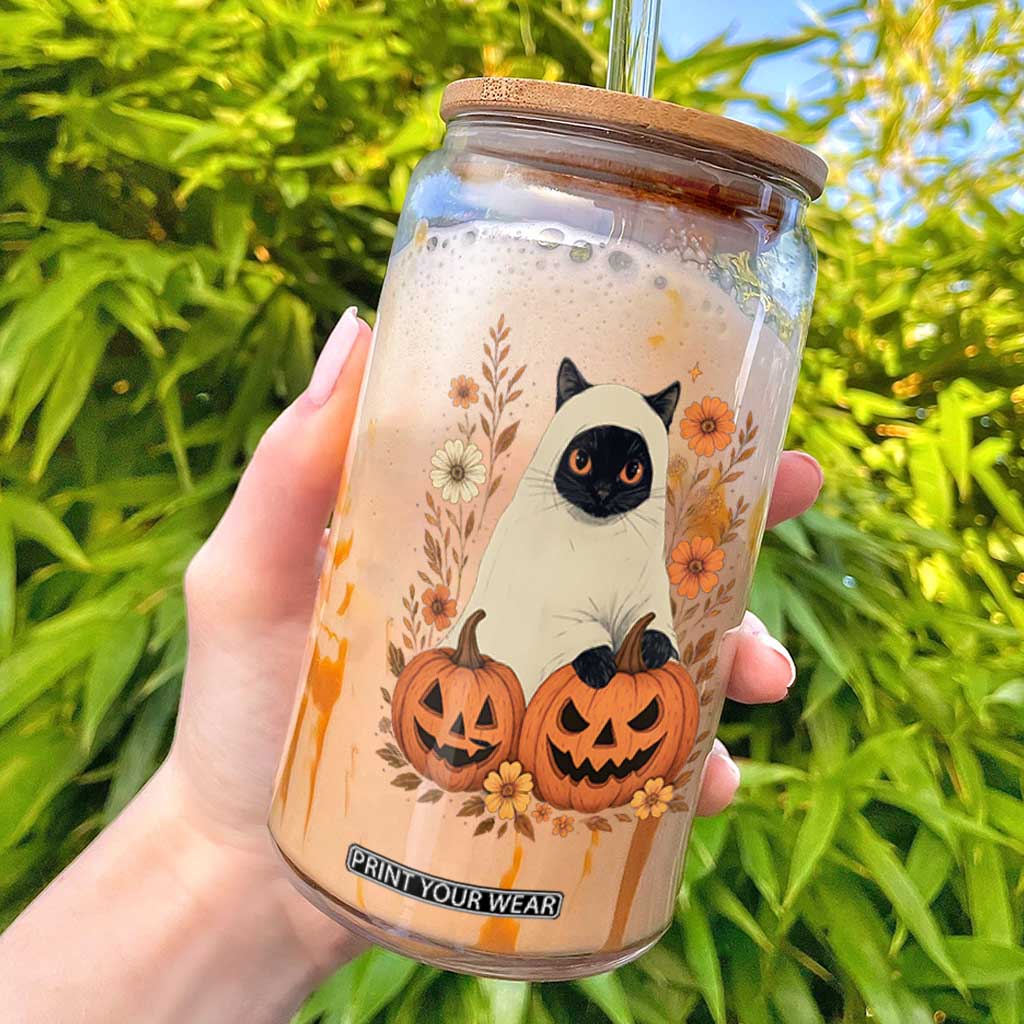 Vintage Halloween Ghost Cat Glass Can Groovy Floral Cute Black Cat Ghost Fall Pumpkin TS10 Black Print Your Wear