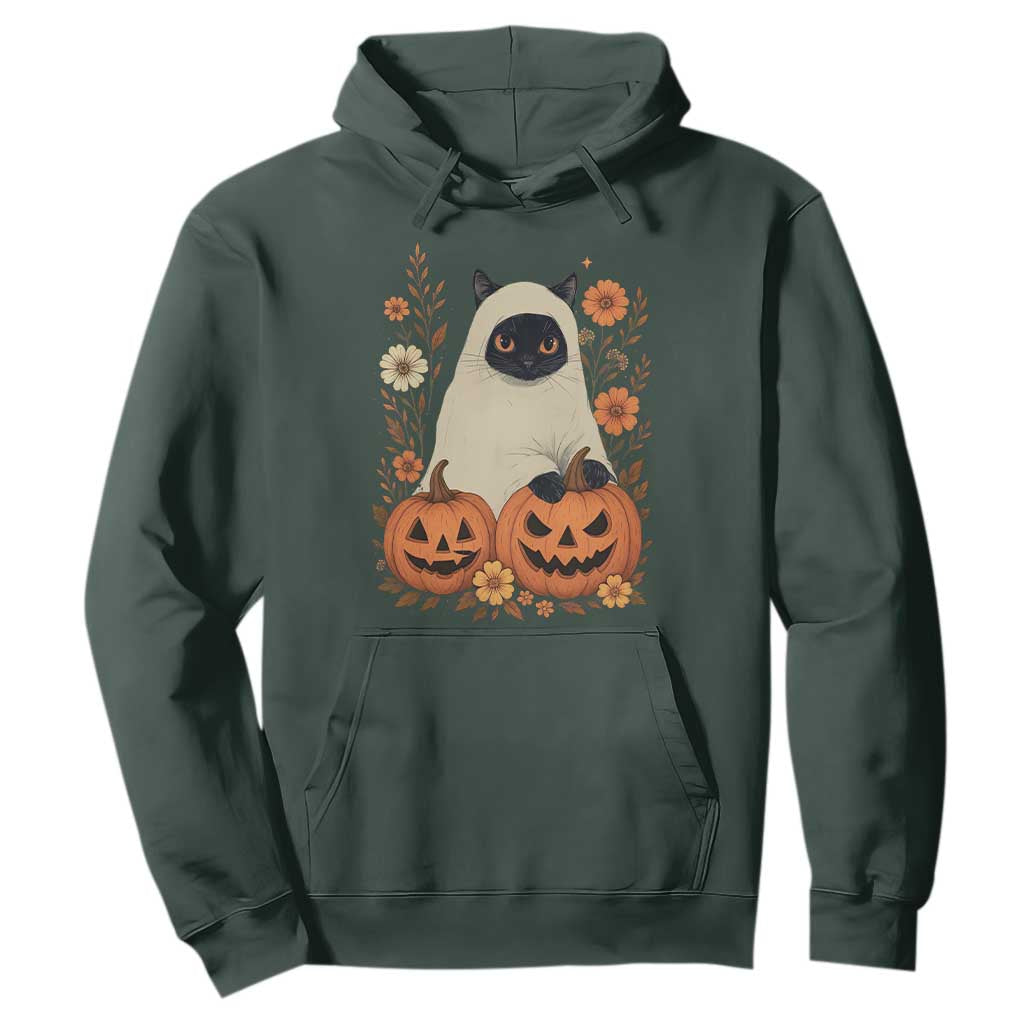 Vintage Halloween Ghost Cat Hoodie Groovy Floral Cute Black Cat Ghost Fall Pumpkin TS10 Dark Forest Green Print Your Wear