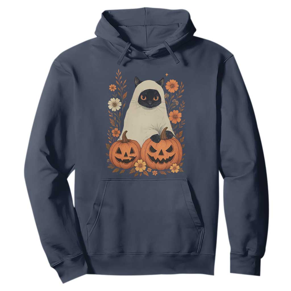 Vintage Halloween Ghost Cat Hoodie Groovy Floral Cute Black Cat Ghost Fall Pumpkin TS10 Navy Print Your Wear
