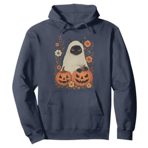 Vintage Halloween Ghost Cat Hoodie Groovy Floral Cute Black Cat Ghost Fall Pumpkin TS10 Navy Print Your Wear