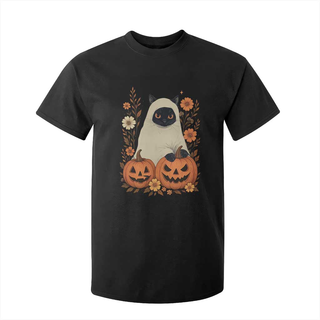 Vintage Halloween Ghost Cat T Shirt For Kid Groovy Floral Cute Black Cat Ghost Fall Pumpkin TS10 Black Print Your Wear