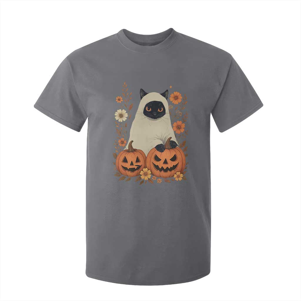 Vintage Halloween Ghost Cat T Shirt For Kid Groovy Floral Cute Black Cat Ghost Fall Pumpkin TS10 Charcoal Print Your Wear
